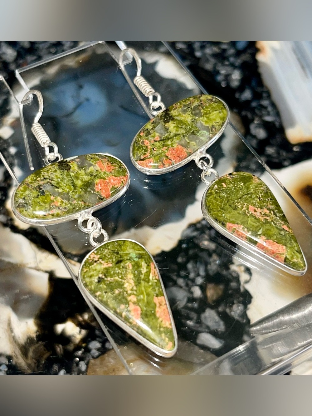 Unakite Jasper Crystal Earrings 2 1/2”